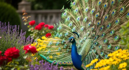 Obraz premium Peacock Displaying Feathers in Colorful Garden with Red Roses and Lavender