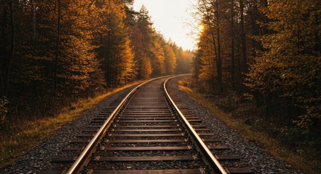 Railway tracks curve through a colorful, autumnal forest, sunset glow