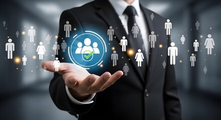 A businessman extends his hand, presenting a glowing icon of a group of people with a checkmark, surrounded by smaller human figures, symbolizing recruitment or team selection.