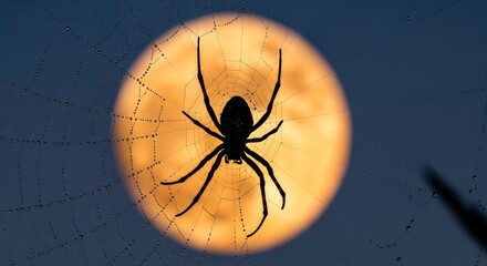 Halloween Spider Silhouette on Dew-Kissed Web with Full Moon Background Spooky Nature Photography for Autumn October and All Hallows Eve Designs