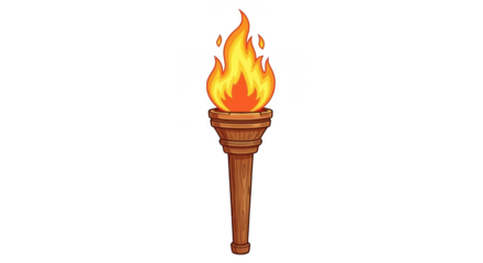A classic wooden torch with a bright, flickering flame, isolated on a plain transparent background, symbolizing ancient traditions and the pursuit of knowledge