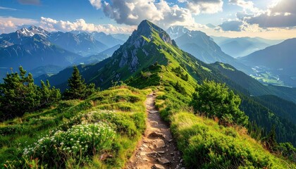 A scenic mountain path winds through lush greenery, showcasing a breathtaking vista of towering peaks and valleys beneath a vibrant sky.