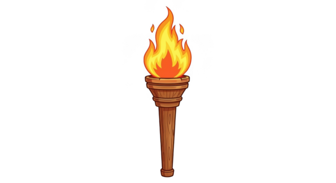 A classic wooden torch with a bright, flickering flame, isolated on a plain transparent background, symbolizing ancient traditions and the pursuit of knowledge