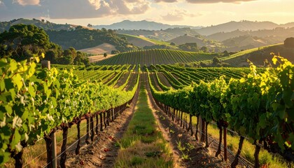 Expansive vineyard rows stretch across a sun-drenched hillside, showcasing the vibrant green foliage and the rolling terrain below.