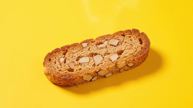 Almond Biscotti on Yellow Background - A close-up overhead shot of a single almond biscotti rests on a vibrant yellow background.