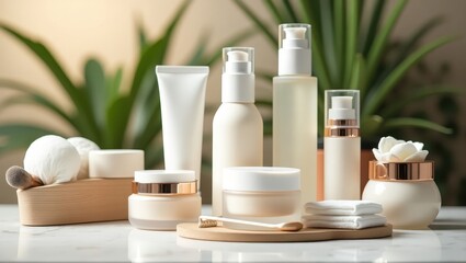 A selection of elegant, light beige and white cosmetic containers, arranged on a marble surface, against a backdrop of greenery.