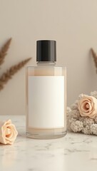 A clear glass bottle of light beige liquid, with a white label, sits on a marble surface amidst delicate, light beige flowers and dried grasses.