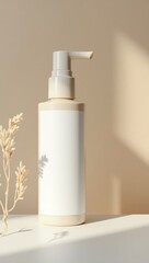 A light beige pump bottle with a blank label, positioned against a soft beige background, showcasing a minimalist aesthetic.