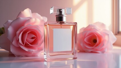 A delicate perfume bottle sits beside a soft pink rose, bathed in warm sunlight.