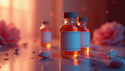 Amber-hued glass bottles, illuminated by soft, warm light, sit on a reflective surface, amidst scattered rose petals and decorative elements.