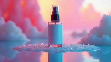 A translucent spray bottle, positioned on a bed of foam, is highlighted by vibrant, pastel colors.