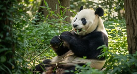 Fototapeta premium Sitting Panda Eating Bamboo in Lush Green Forest