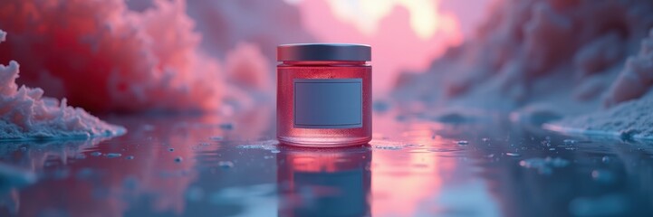 A glass jar with a blank label sits on a reflective surface surrounded by soft, pink and white, cloud-like formations, bathed in warm, colorful light.