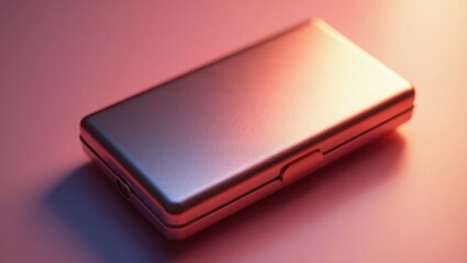 A metallic storage case, angled, with a gradient of rose and silver hues, sits on a soft, pink surface.