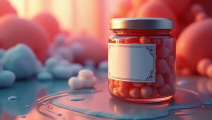 A glass jar filled with pink, round candies, set on a reflective surface with soft, diffused lighting and surrounding, soft-focus, pastel shapes.
