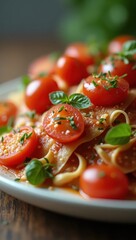 Close-up of pasta with vibrant cherry tomatoes, fresh herbs, and a rich tomato sauce, showcasing a delicious culinary dish.