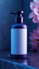 A dark purple pump bottle with a blank label sits on a marble surface, illuminated by cool blue and pink hues, highlighting its sleek design and elegant presentation.