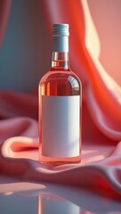 A?pink wine bottle with a blank label, presented on a draped, soft pink fabric backdrop, showcasing a warm and elegant ambiance.