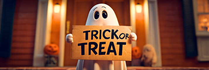 Cute ghost character holding a trick or treat sign at dusk with warm lighting