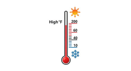 A thermometer shows a high temperature with a sun icon and a low temperature with a snowflake icon, isolated on transparent background