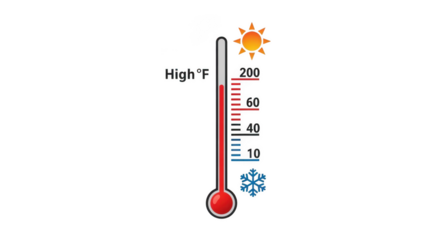 A thermometer shows a high temperature with a sun icon and a low temperature with a snowflake icon, isolated on transparent background