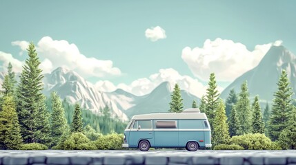 A vintage blue camper van driving through a picturesque forest with snow-capped mountains in the background.