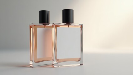 Two clear glass perfume bottles with light peachy-orange liquid and blank white labels are displayed on a simple white background.