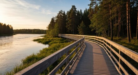 Wooden boardwalk curves through forest near river at sunset