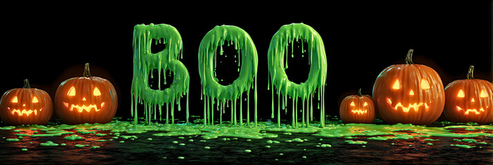 Spooky boo halloween word with glowing jack-o-lanterns and eerie green slime