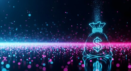 A glowing money bag symbol with a dollar sign is depicted against a backdrop of sparkling blue and pink lights, suggesting wealth and financial concepts.