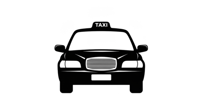 A black silhouette of a taxi cab is shown from the front, isolated on a clean transparent background, with the word taxi visible on its roof