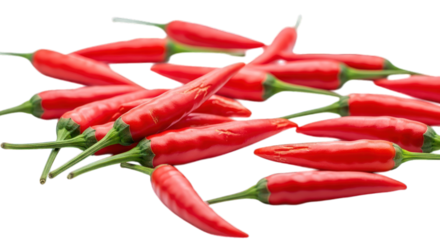 Pile of shiny red chili peppers with green stems on a dark background