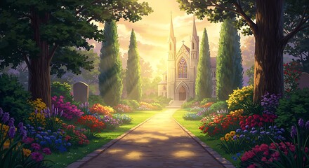 Peaceful church in sunny garden