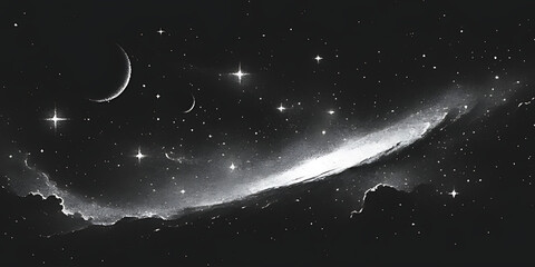 A Celestial Panorama Under a Starry Night Sky Featuring Crescent Moons and a Wispy Nebula Arching Across the Horizon Above Silhouetted Clouds and Distant Stars	