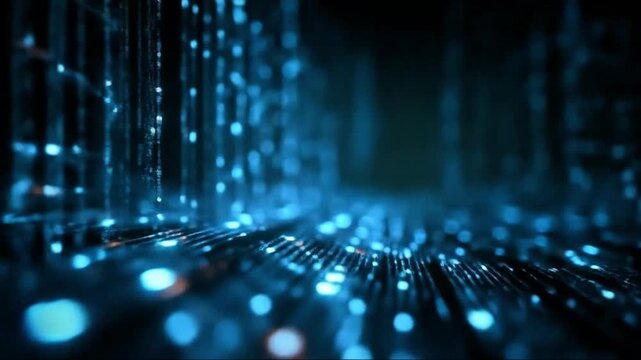 Digital data stream with binary code and blue lights abstract background
