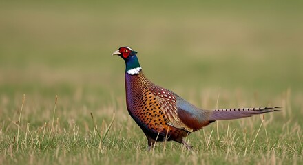 Colorful Pheasant Bird Walking on Grassy Field, Vibrant Wildlife