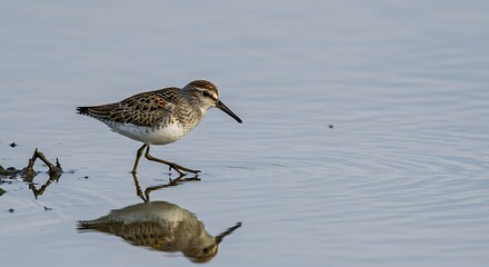 Shorebird walking on water reflection