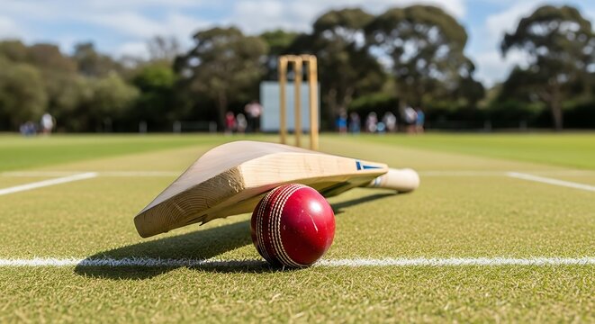 Cricket bat and ball rest on a grassy pitch, ready for play.