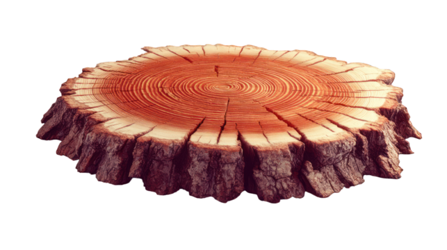 Rustic wood slice with growth rings and natural cracks on black backdrop
