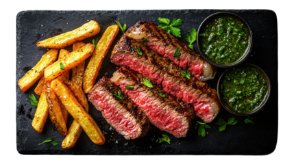 Sliced steak and fries served with green sauce on a dark slate plate