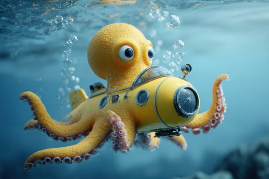 Playful octopus explores underwater world in a bright yellow submarine surrounded by bubbles and deep blue ocean