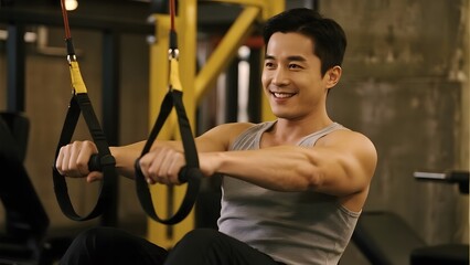 Man performing TRX exercises in a gym setting