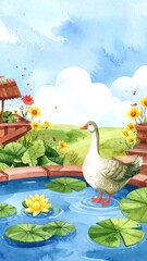Goose by a pond, colorful landscape