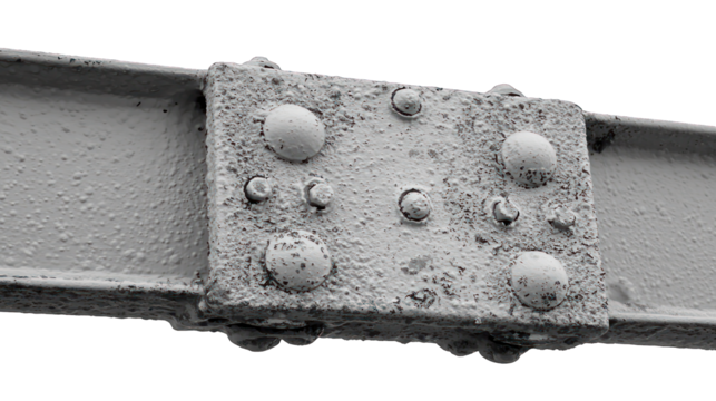 Weathered steel I-beam joint secured with rivets; rough texture
