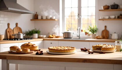 Warm Kitchen Scene: Freshly Baked Pies, Cozy Atmosphere, Natural Light.