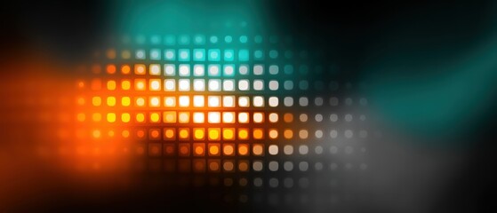 A digital abstract background with glowing orange, blue, and white squares creating a vibrant, futuristic grid pattern