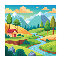 Fototapeta premium Cartoon Countryside Valley with Small Trees Art