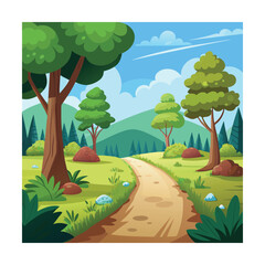 Naklejka premium Cartoon Dirt Trail with Bushes and Tall Trees