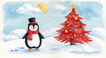 Penguin christmas tree watercolor