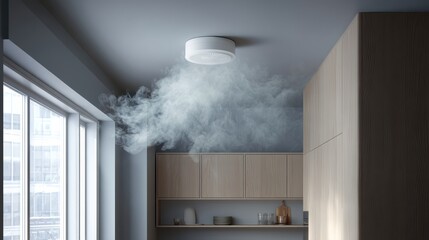 Smoke fills a modern kitchen as a ceiling smoke detector activates, highlighting a potential fire safety hazard in the home